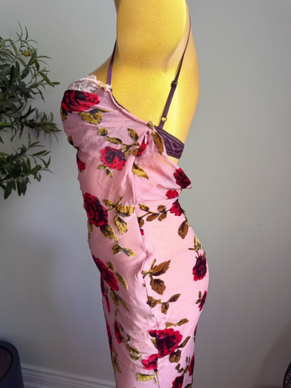 NWT Pink Mesh Velvet Rose Floral Bodycon Midi Dress XS - Picture 2 of 6